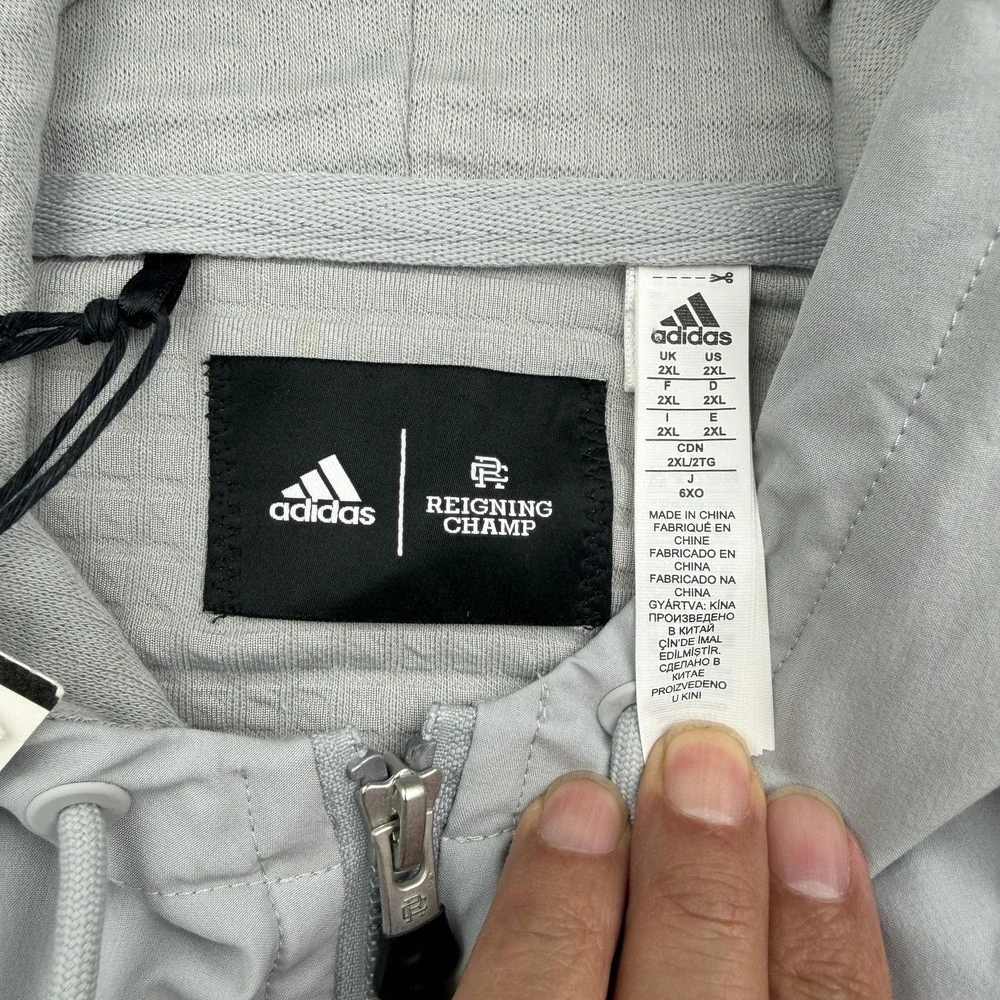 Adidas Reigning Champ Hoodie Mens 2XL Gray Full Zip Hooded Fleece Stretch NWT